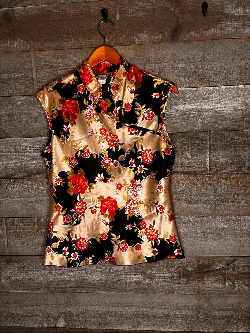 Rave Y2K vintage Floral Satin oriental asian inspired Cap-Sleeve Top XL